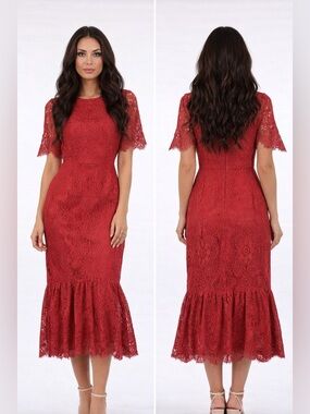 Pink Lace Midi Dress with Flounce Hem